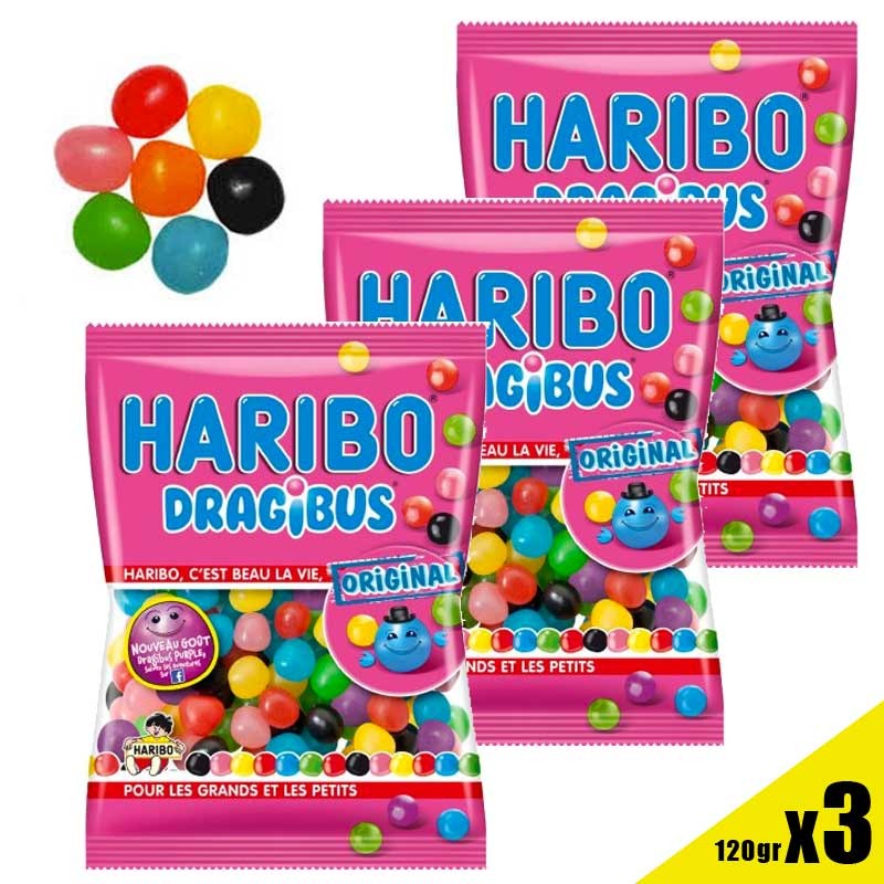 Dragibus, les dragées fruitées noires, rouges et vertes de Haribo